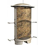 Beautiful elliptical design with decorative satin nickel finish and locking metal roof. Integrated moving cage closes all four any seed ports with pressure from squirrels on the roof. Squirrels can t get the seed- feed birds, not squirrels! Wide-mouth d