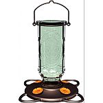 20 fluid ounce capacity. Bee guard ports. Antique bottle with pewter finish base. 4 durable metal oriole perches.