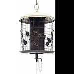 Flared roof design helps protect against rain Decorative cage designed to keep out large birds and squirrels Holds up to 6 cups of seed Perfectly designed for attracting cardinals, orioles, bluebirds, and more Feeder slides up and down eliminating reachin