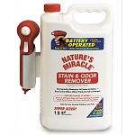Natures Miracle Power Sprayer has 1.5 gallons of Natures Miracle in a new battery powered spray container for very simple, fast and even application, particularly on large areas. Safe for use around children and pets.