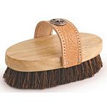 Small western-style strap-back, kiln-dried hardwood oval brush block filled with stiff, natural palmyra fiber. Embossed, saddle stitched, oiled leather strap attached with nickel-plated domed nails.