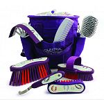 Includes: matching grooming tote, body brush, dandy brush, face brush, mane and tail brush, hoof pick, sweat scrapper, mane c Soft grip brushes and ergonomic tools. Lightweight, comfortable and easy to use.