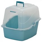 Wide entrance with lower front allows easy entrance and exit Hooded litter pan as a raised-back pan which helps contain litter scatter 21.8 l x 18 w x 18.5 h.
