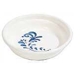 Cat dish durable plastic, fashionable with todays trends. Non-slip & no scuff base. Dishwasher safe - top rack. Holds 1.3 cups of food or water. Will not slip / spill resistant. White with elegant blue swirl design.