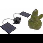 Solar powered spitter with low water shut-off Aerates and decorates fountains and birdbaths Includes two solar panels, a bird spitter, and a 50 gph low water shut-off pump Adjustable solar panels for best sunlight Performance based on sunlight