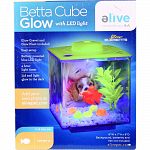.75 gallon clear acrylic cube with a glow in the dark full lid and led lights. Top of the cube will charge during the day and then will glow when the lights go off at night. Includes white gravel with glow beads and a glow plant. Easy setup - display anyw