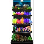 Neon plants flow under blue light. Many sizes and colors for all aquariums. Plants have weighted bases. Provides great hiding places for your fish keeping them happy and healthy. 142 piece display