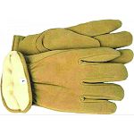 Premium yellow split deerskin winter gloves with Thinsulate Insulation. Gunn-cut design with keystone thumb, shirred elastic back and self hemmed open cuff.