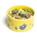 This charming little Hamster Pawprint food dish is made of twice baked ceramic that is very sturdy and has a cute colorful hamster design around the middle. Bowl is 3 inches in diameter and perfect for holding treats and food for your pet hamster.