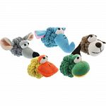 Colored cotton rope ball with a plush face that squeaks Characters include green frog, yellow duck, gray mouse, brown dog and blue elephant Great for any size dog