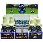 Shelf display contains (8) trial size of liquid poultice, cream poultice and liniment gel Trial sizes are very affortable for customer to sample Easy to place on shelf or by cash register to attract interest and quick sales Great visual graphics that expl