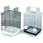 Playtop roof opening with perch Features a removable bottom grille and pull-out drawer for easy cleaning. Includes 2 plastic hooded cups and 3 wood perches and is designed for parakeets, cockatiels and other small to medium birds