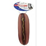 This vinyl hot dog- dog toy has a squeaker and is a great chew toy - but not for aggressive chewers. Great stocking stuffer for your dog or puppy. Size: 5 Inch