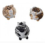 Cute, round plush toy. Assorted jungle animals: leopard, zebra and tiger.