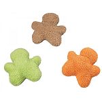 Natural fleece toy with squeaker. 3 color assortment: brown, orange and green.
