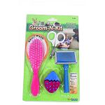 Groom n kit contains the perfect selection of nescessary grooming tools for small pets at an affordable price. Includes: pin brush to reduce shedding, bristle brush to make fur shine, and tasty treat to provide diversion during groom