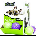 An assortment of green and purple balls with smaller balls inside that move thru a track Sound toy entertains cats with more than just movement, increasing the level of engagement Keeps cats in the zone for hours