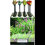 Metal stake with hand painted ceramic topper Sixteen piece set includes 4 owls, 3 each red birds, blue birds, orange birds and frogs Runs up to 8 hours on full charge Rechargeable battery included