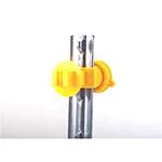 Adjusts to most any size T-post & will fit 3/4 to 9/16 round posts & 1 1/4 fiberglass T-posts. Fits posts with and without studs. Opens to attach anywhere on post. Holds wire, even heavy barb, 1 1/2 from post. Yellow polyethylene. 25 pack