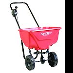 Large capacity spreader that ensures even distribution of all granular materials Adjustable rate control located high on the handle for easy use 3 hole drop shut-off system Deep lug 8 inch poly wheels Epoxy powder coated chassiseet. Made in the usa