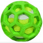 An ingenious, patented honeycomb, web design plus natural, tough rubber with a tennis ball tucked inside. A bouncy, fun fetch ball. Chewy and squishy and, well, unending hours of fun, fun, fun.