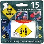 Bags on Board is a compact, refillable dispenser which houses a roll of bio-degradable doggie clean-up bags. It attaches to any kind of leash - standard or retractable. With Bags on Board, you'll always have bags with you.