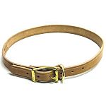 Harness leather cow strap in tan with a solid brass buckle. Features heavy solid brass buckle with welded brass dee riveted on plus stitching for additional strength.