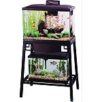 Fits 15, 20 high, or 25 gallon aquarium on the top shelf anda 10 gallon aquarium on lower shelf Reversible wood panels: brown or black Front panel flips up for easy access to aquarium on lower shelf Easy 7-step setup Durable steel construction Rust-resist