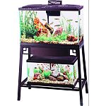 Fits 20 long or 29 gallon aquarium on top shelf and up to 15 gallon aquarium on lower shelf Reversible wood panels: brown or black Front panel flips up for easy access to aquarium on lower shelf Easy 7-step setup Durable steel construction Rust-resistant
