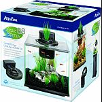 Kit contains: frameless glass aquarium, quiet flow filtration system, decorative plant, plant adapter ring Also, replacement filter cartridge, clear aquarium cover, fish food, water conditioner and setup guide Calming running spring feature has a soothing
