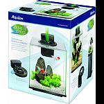 Kit contains: frameless glass aquarium, quiet flow filtration system, decorative plant, plant adapter ring Also, replacement filter cartridge, clear aquarium cover, fish food, water conditioner and setup guide Calming running spring feature has a soothing