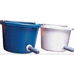 The Calf-Mate calf feeder based on our sturdy N400-8 Fortiflex bucket, modified with heavy duty parts to make a durable and handy feeder for calves. We start with heavy galvanized (#16 gauge) steel bracket, contoured to easily fit a 2 x 4 rail.