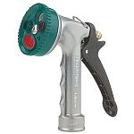 5-position dial with 7 spray patterns in full action cone, sharp stream, full flow, gentle shower, jet, flood, and mist. Hold open clip for continuous spraying. Rust resistant stainless steel spring.