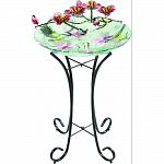 Glass birdbath fountain is a decorative and functional garden spa for all of your garden animal friends. Simple metal legs and stand. Easy to set up and maintain. Completely portable. Actual size: 17.9x17.9x29.7