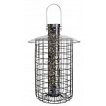 This is the largest capacity cage feeder on the market at 2.5 lbs. With a diamter of 10 inches and length of 20 inches, as well as 6 ports, it will keep your backyard birds fed for quite a while without refilling. Extended top - makes refilling easy.