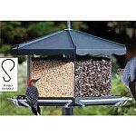  Homestead Triple Bin Party Bird Feeder Large removable, 3-compartment acrylic bin. Hunter Green Hold up to 3 types of seed to attract different species. Birds can easily see the type of seed they desire to eat Holds up to 11 1/2 lbs of seed 