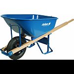 58.75 inch x 25.5 inch x 27 inch, 16 inch tubed tires, 60 inch heavy duty steel handles Patented leg stabilizers make wheelbarrow 40% more tip-resistant Heavy duty steel trays, professional grade steel undercarriages and strong hardwood handles