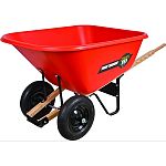 60 x 34.5 x 32 , 10 cubic foot capacity, dual 16 wheels Heavy duty homeowner or contractor wheelbarrow The dual-wheel design makes moving large loads easier The corrosion proof poly tray