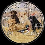Our exclusive Wild Wings collection of 12 1/2 inchthermometers highlight the works of established wildlife and sporting artists. This collection of puppies watchinga wild bird is called Marsh Madness.