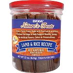 Tongue smackin good jerky treats for dogs. All natural / Joint healthy formula in a big 22 oz canister. Lamb and Rice Recipe by Natures Treats - an Evolve brand.