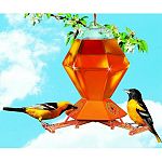 EXCLUSIVE perch-activated bee guard feeding stations featured on this oriole feeder allow orioles and hummingbirds to feed without bees.  Rugged 36-ounce plastic hexagonal bottle.  NO DRIP feeding base.