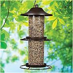 Features evenseed technology that allows seperate chambers to empty equally. Sure-lock cap system keeps squirrels out. Rustic brown finish. Two independent seed compartments that can be filled with two different types of seed to attract a larger variety o