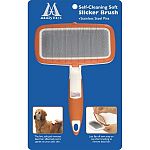 Top quality slicker brush for puppies and dogs with soft pad and stainless steel pins. Specially engineered top flips back to easily remove dead hair from pins after brushing.