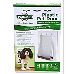 Durable plastic frame with closing panel for security. Great for storm doors. Great for pets up to 15 pounds. Dimensions - 7 5/8 x 11 1/8 . Flap opening - 5 1/8 x 7 5/8 .