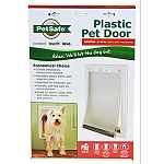 Durable plastic frame with closing panel for security. Great for storm doors. Great for pets up to 40 pounds. Dimensions - 10 5/8 x 15 1/8 . Flap opening - 8 1/8 x 11 3/4 .