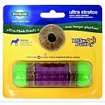 For dogs under 10 pounds. Holds 2 ultra-thick rawhide treat rings. Dogs love to chew, and this toy is designed with determined chewers in mind. Features knobbed rubber ends molded over nylon and a textured rubber center for extra chewing satisfaction. The