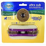 For dogs up 10-50 pounds. The sub features knobbed nylon buns sandwiching rubber spacers and 2 ultra-thick rawhide treat rings. These treat rings are 4x thicker than the regular busy buddyrawhide rings. The rings spin on their posts, allowing very little