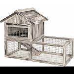 Weather resistant, durable composite placticwood Spacious fenced run with galvanized wire mesh for protectionfrom predator Upper level provides privacy and shelter Locked gabled roof opens for full interior access Easy to clean and assemble
