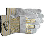 Premium split leather palm, index finger, finger tips, thumb, pull and knuckle strap. Continuous thumb design. Striped cotton back with rubberized safety cuff. Stallion, split leather palm glove, cotton back with rubberized cotton safety cuff for hand pro