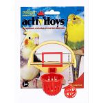 For parakeets, cockatiels and similar sized birds.  Your bird can slam dunk anytime with Birdie Basketball! 2.5 in. x 3.5 in. x 4 in. Place little treats inside the basketball or the net for added fun.